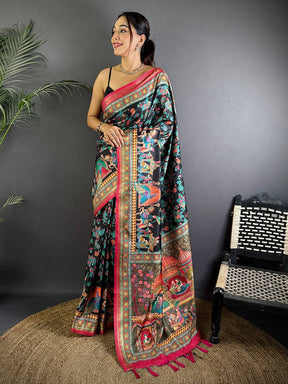 Black Soft Silk Pashmina Kashmiri Print Saree

