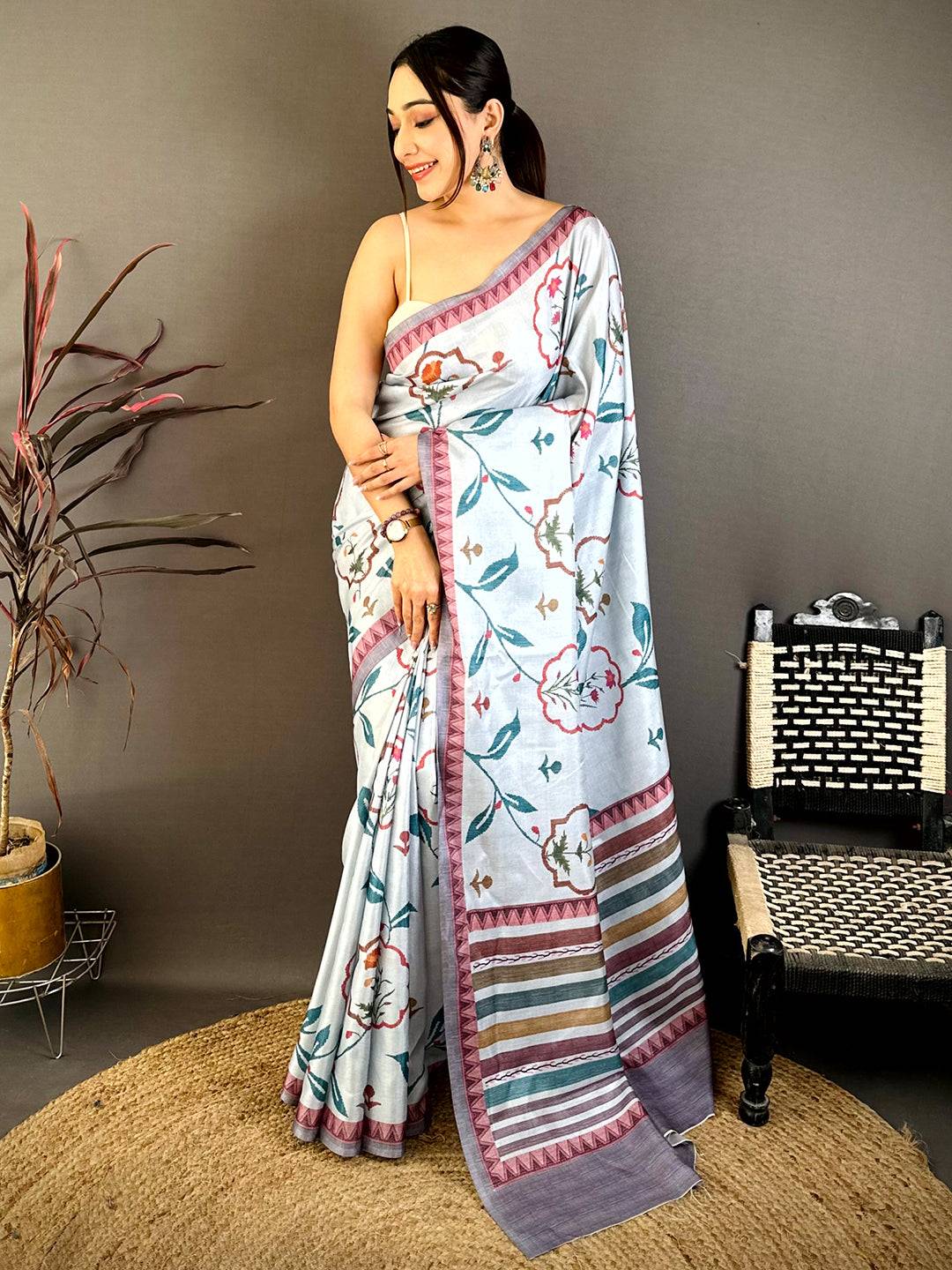 Sky Blue Floral Soft Tussar Saree