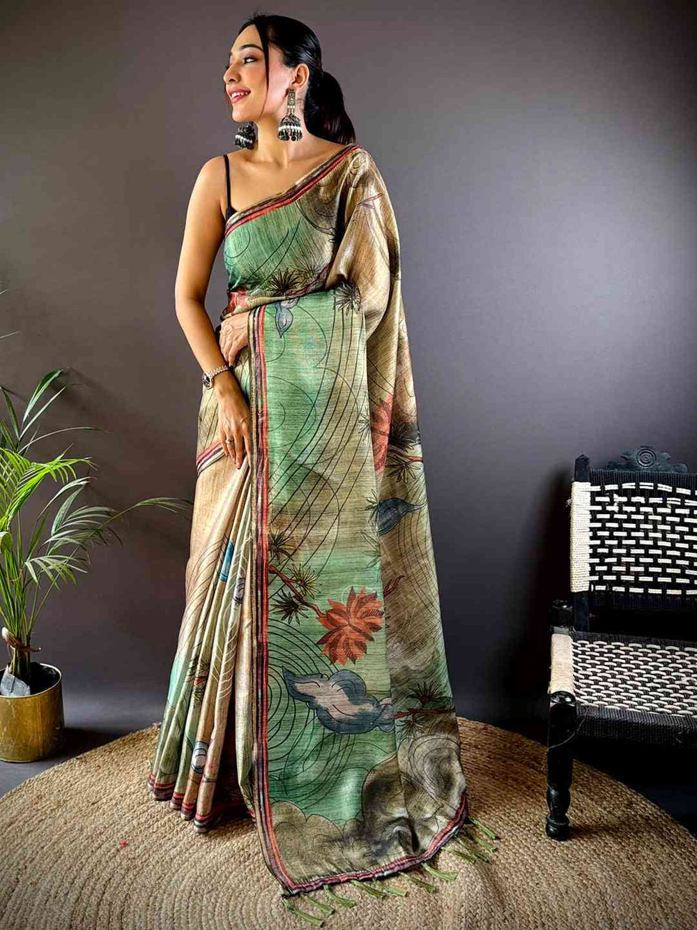 Green Tissue Chanderi Floral Abstract Saree