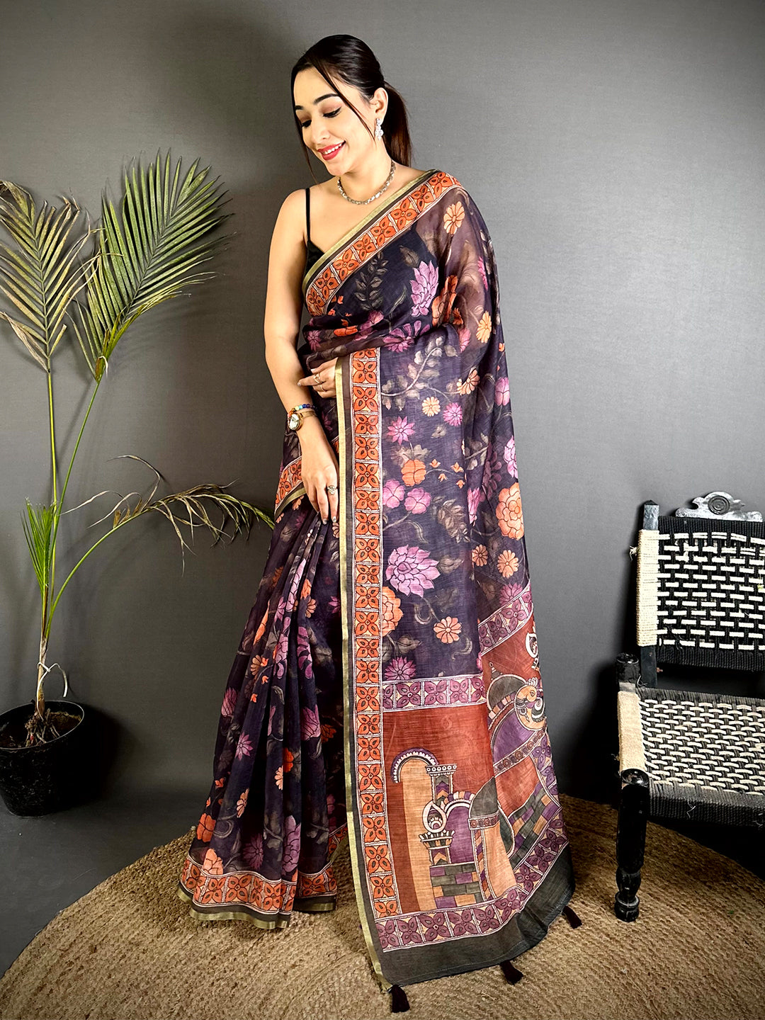 Royal Floral Kalamkari Soft Linen Saree
