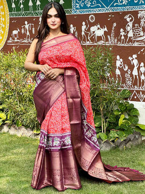 Elegant Red Bandhej Ikkat Saree with modern digital design