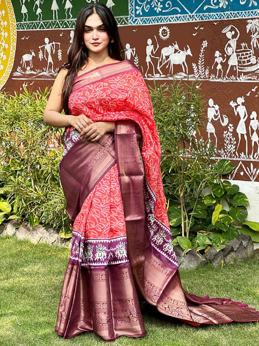 Elegant Red Bandhej Ikkat Saree with modern digital design