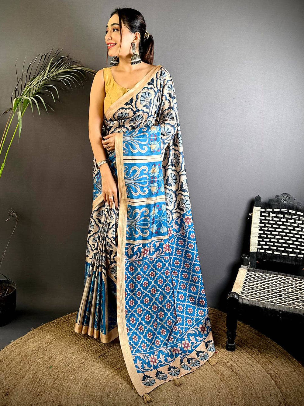 Royal Blue Soft Tussar Ghicha Saree