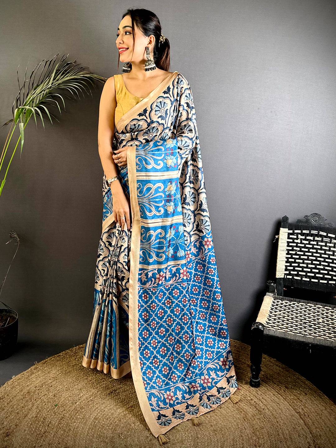 Royal Blue Soft Tussar Ghicha Saree