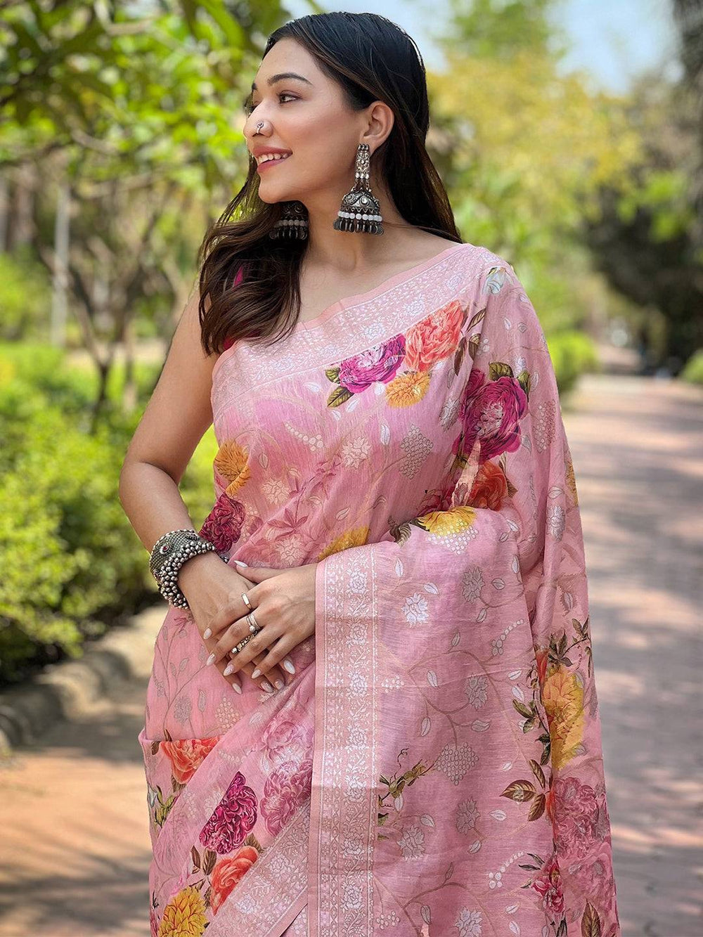 Light Pink Lakhnavi Bandla Zari Weaving Saree with floral design