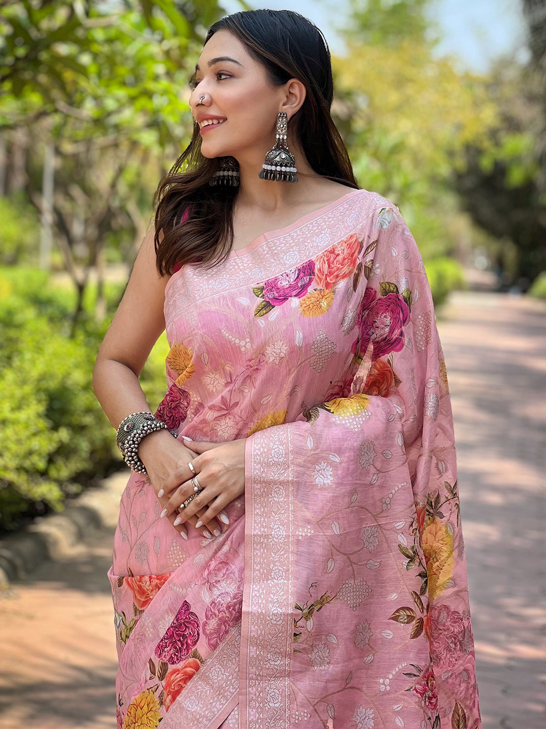 Light Pink Silk Saree With Lakhnavi Bandla Zari And Digital Floral Print