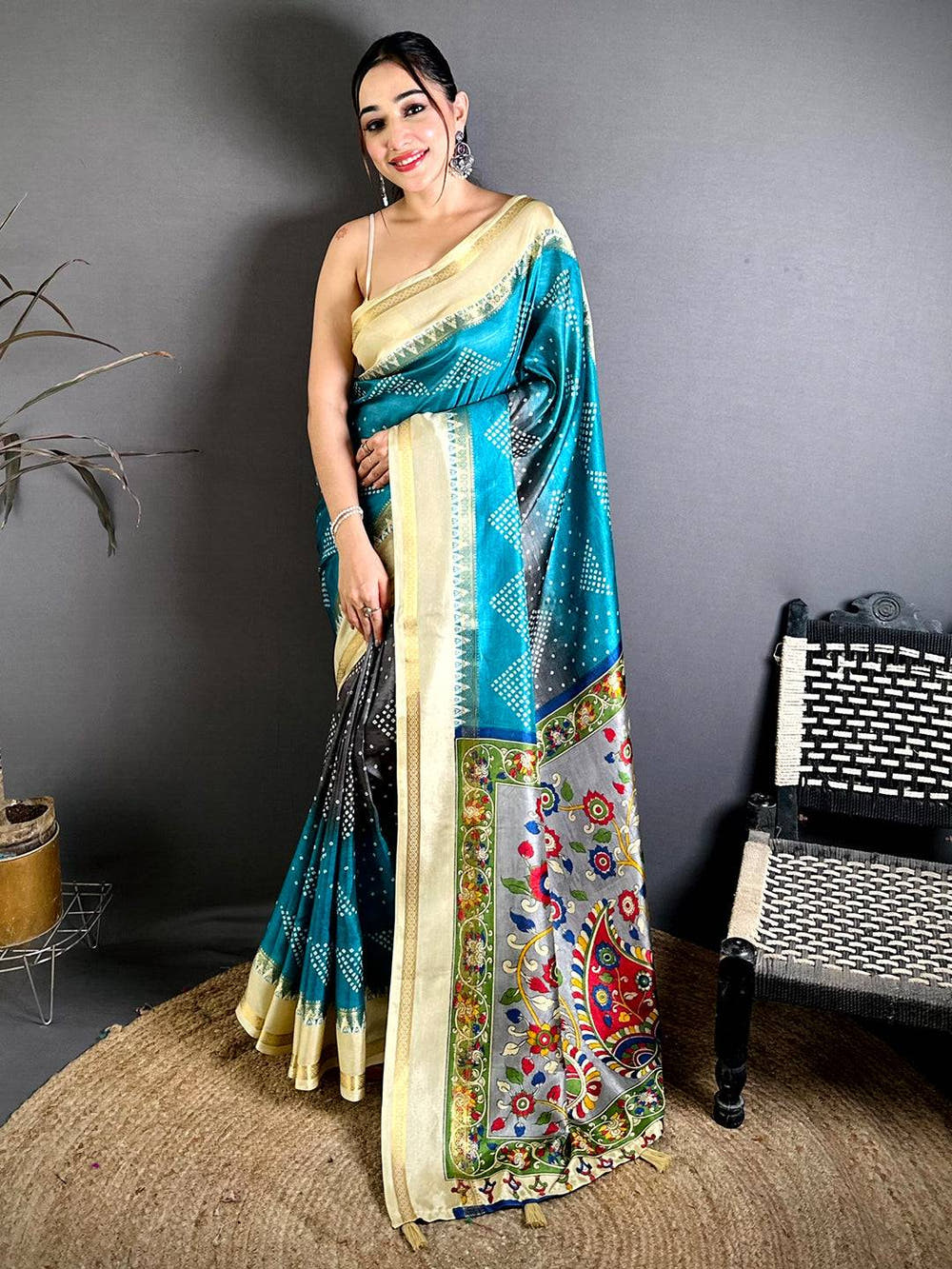 Royal Kalamkari Pallu Bandhej Print Saree