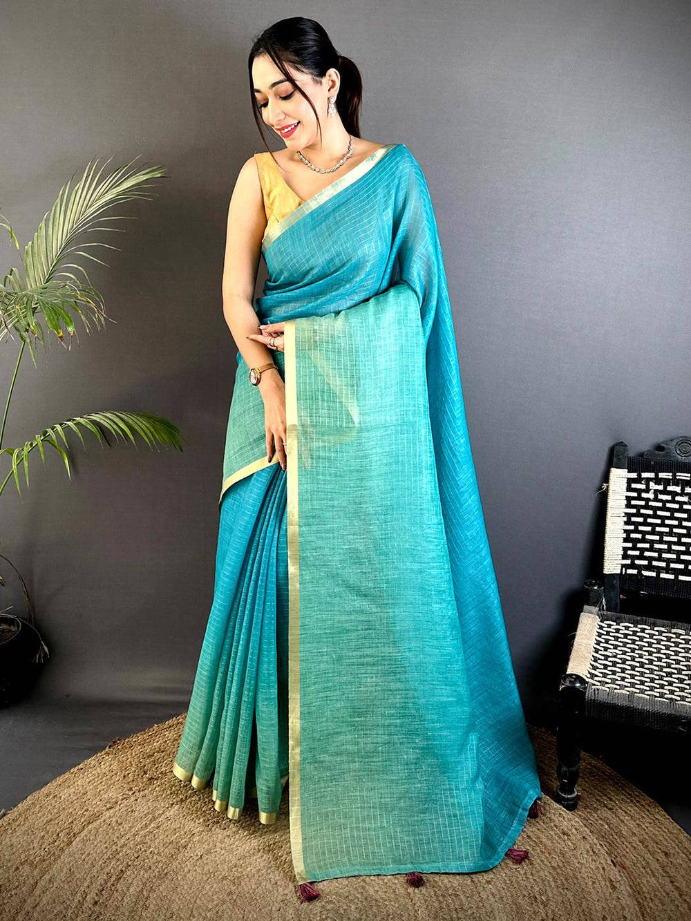 Regal Self Chex Linen Zari Saree

