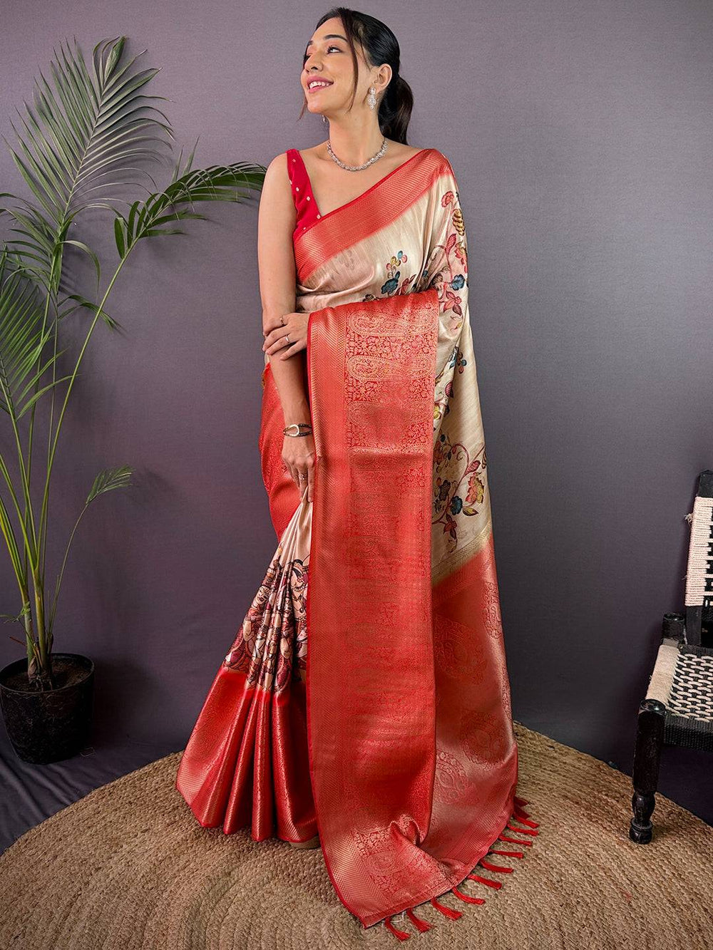 Beige Cherry Satin Kalamkari Saree