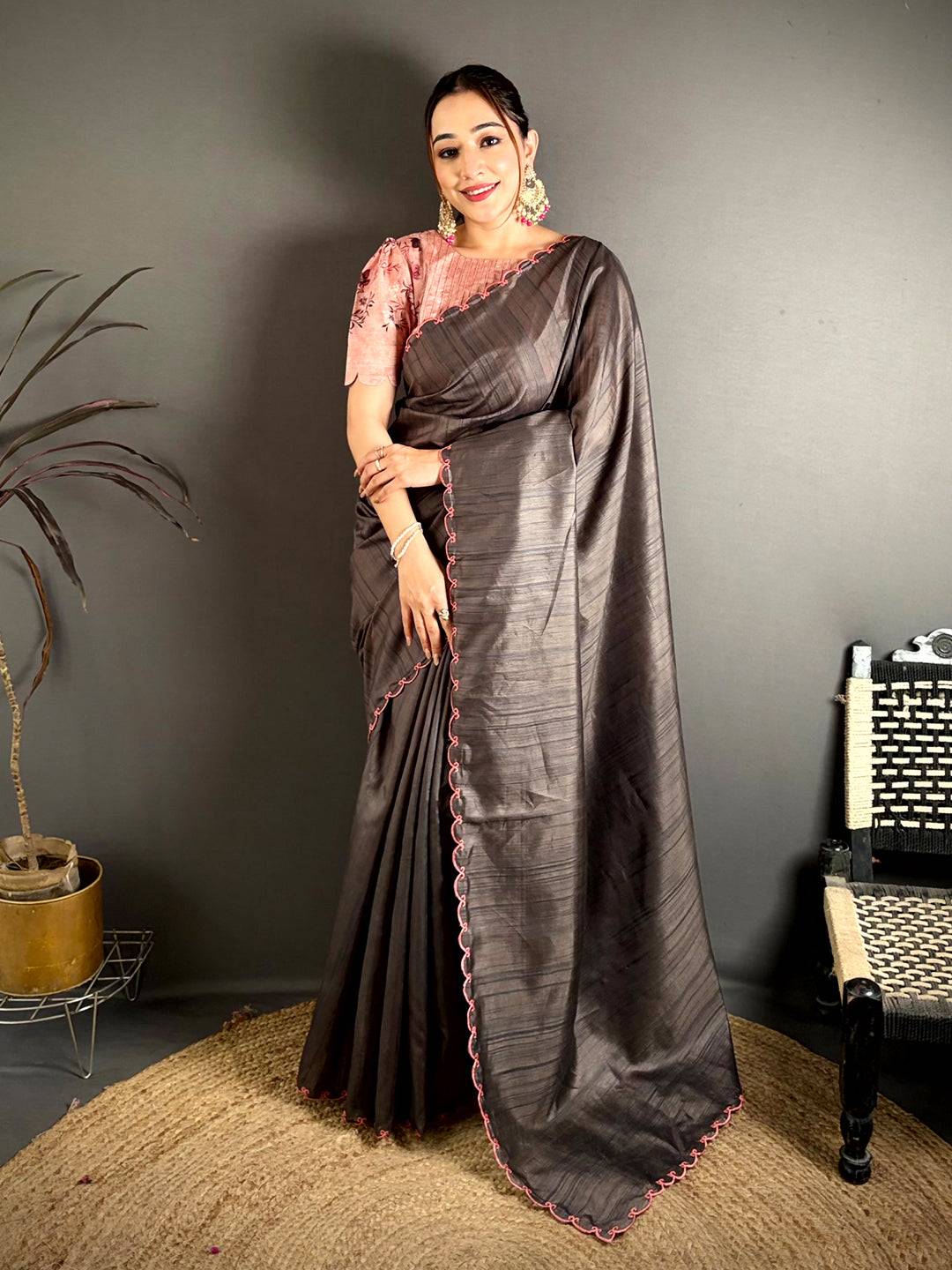 Korean Tussar Contrast Cutwork Saree