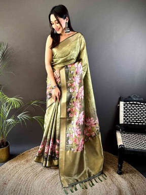 Olive Floral Grace Soft Silk Tissue Saree