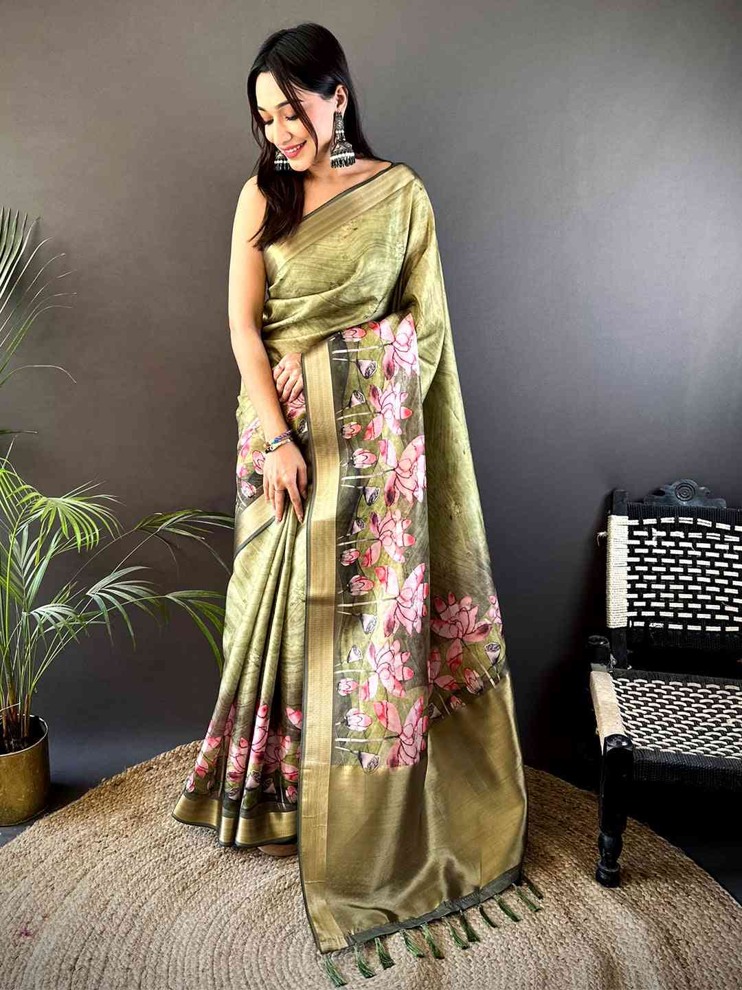 Olive Floral Grace Soft Silk Tissue Saree