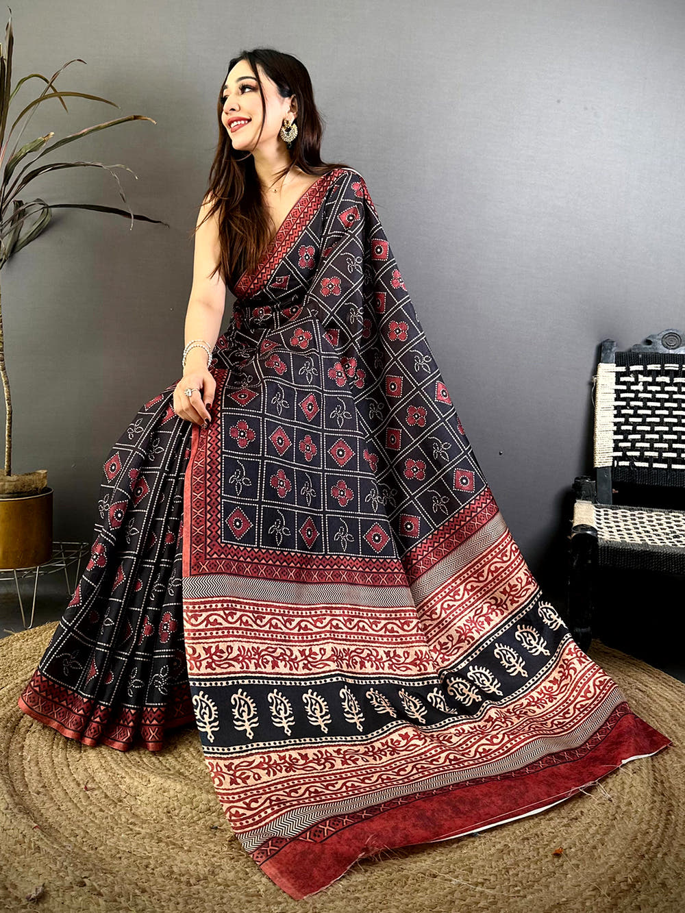 Elegant Tussar Ajrakh Geometric Floral Saree