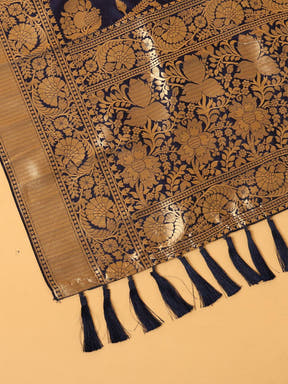 Close-up of dark blue silk blend dupatta with tassels and patterns