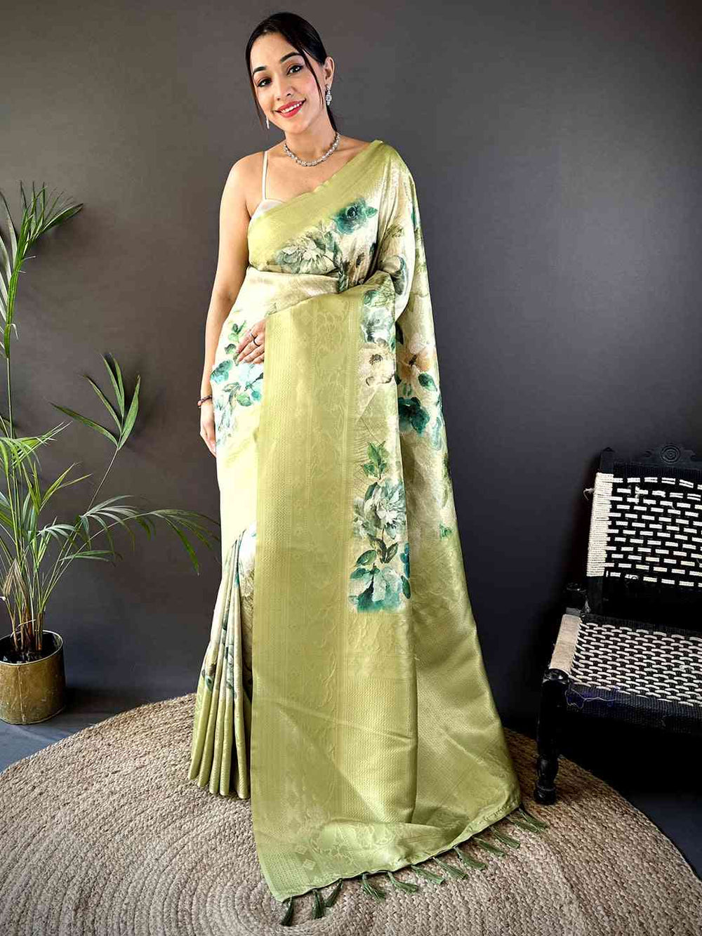 Olive Kanjivaram Digital Silk Saree