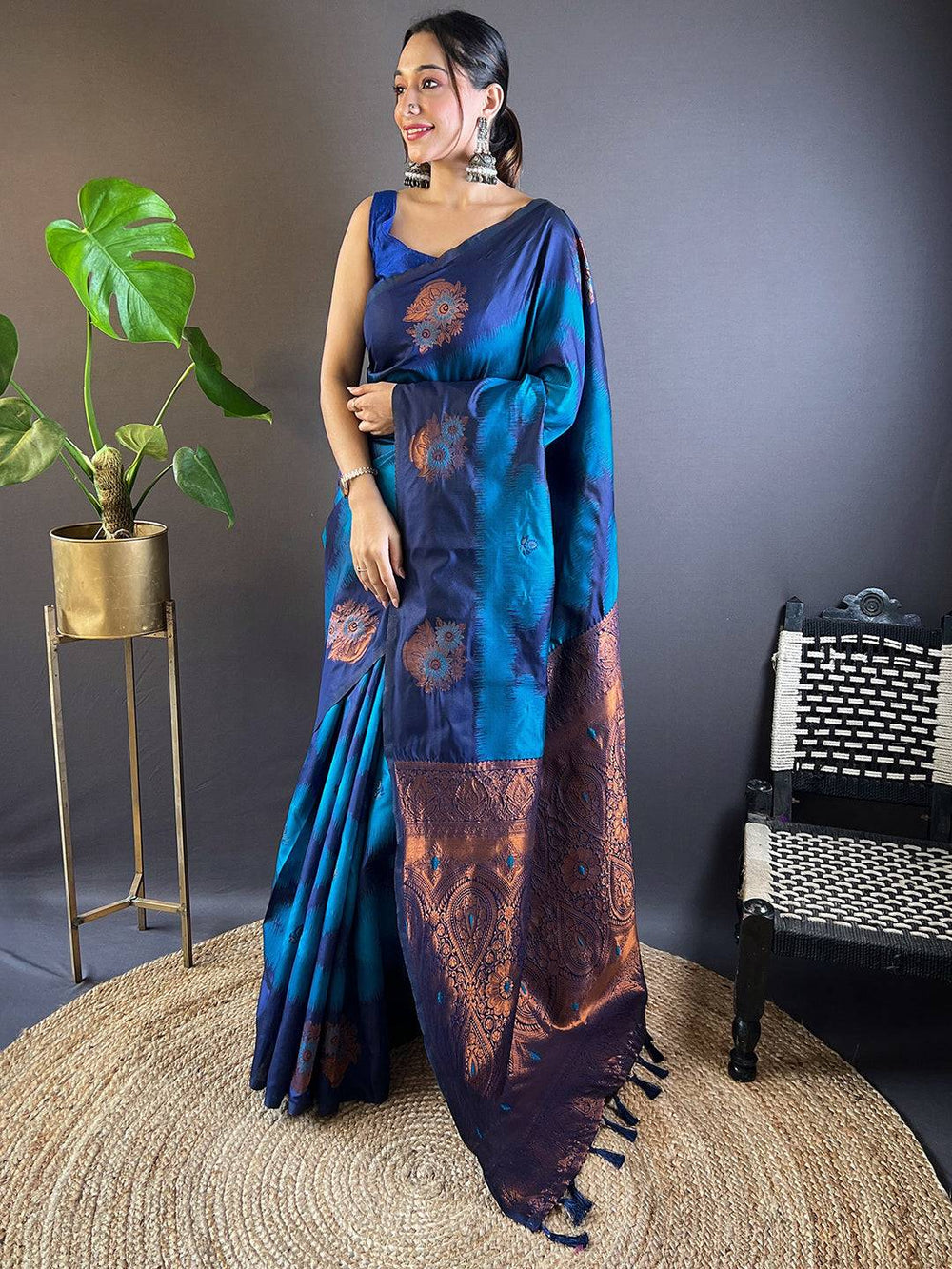 Model showcasing Dark Blue Tussar Silk Ikkat Weaving Saree