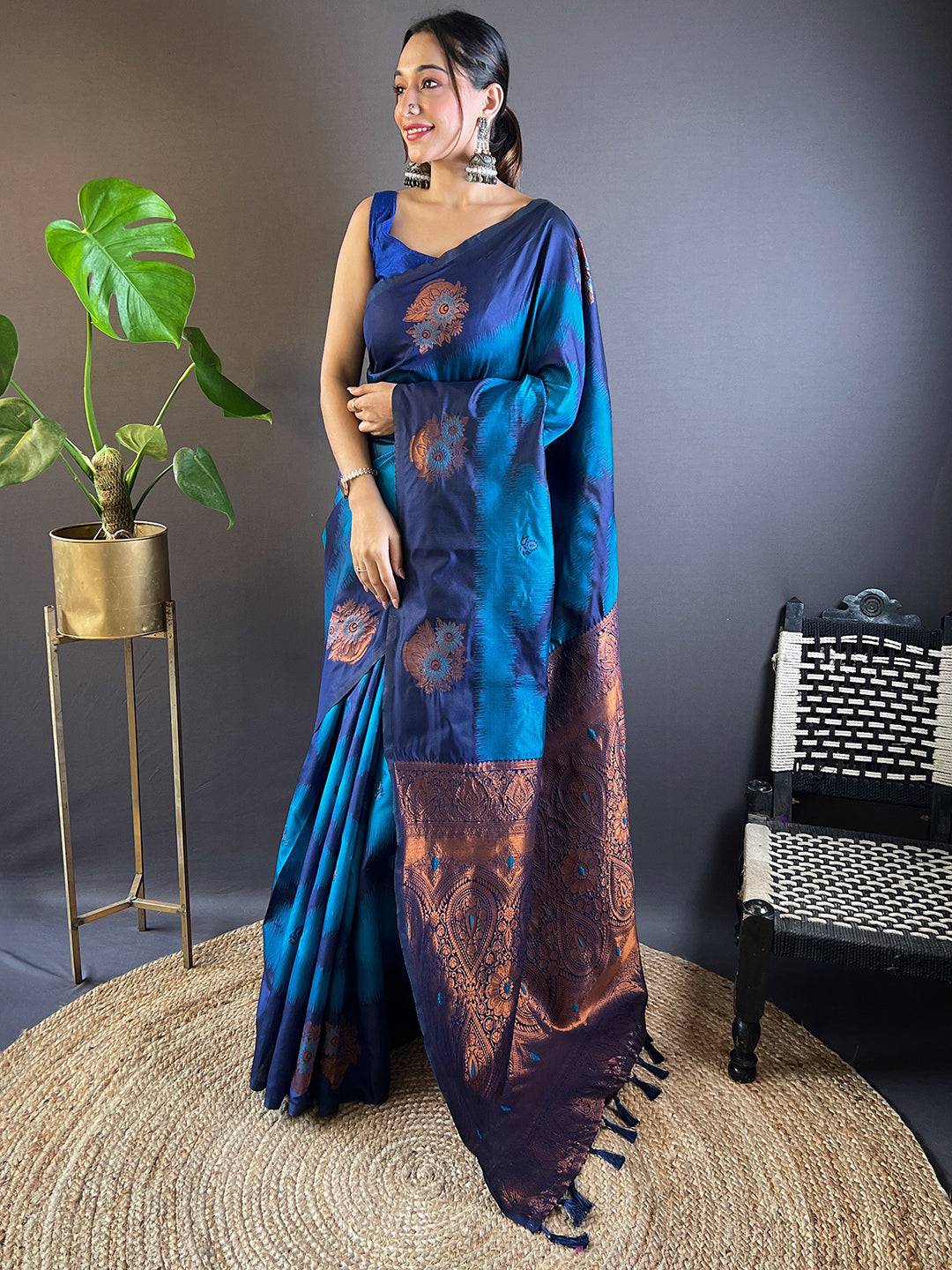 Model showcasing Dark Blue Tussar Silk Ikkat Weaving Saree