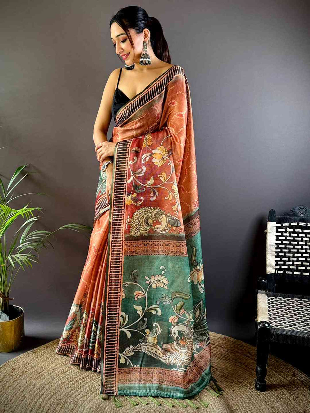 Light Brown Floral Chanderi Saree