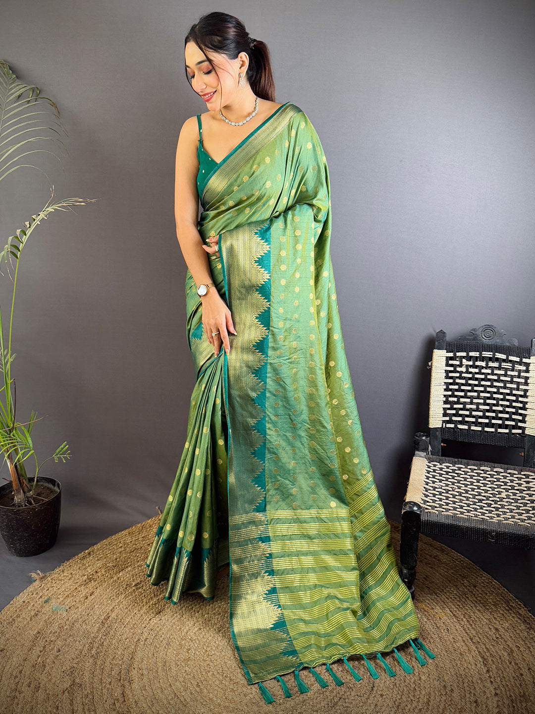 Green Hand Dyed Raw Silk Saree