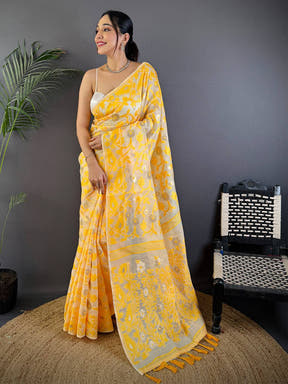 Yellow Soft Cotton Silk Jamdani Vally Saree