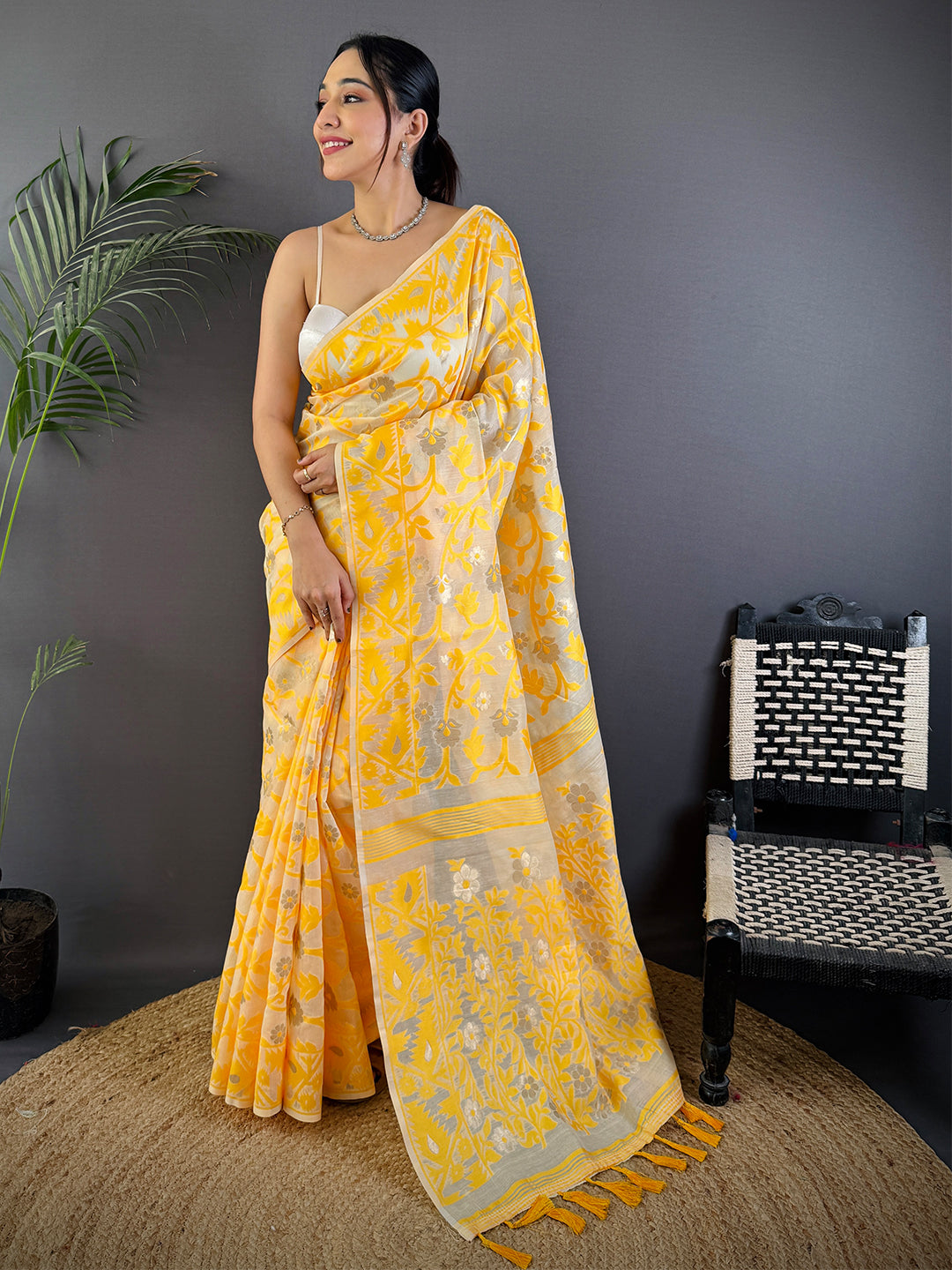 Yellow Soft Cotton Silk Jamdani Vally Saree