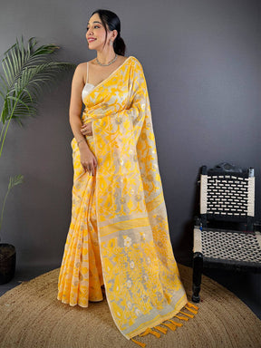Yellow Soft Cotton Silk Jamdani Vally Saree