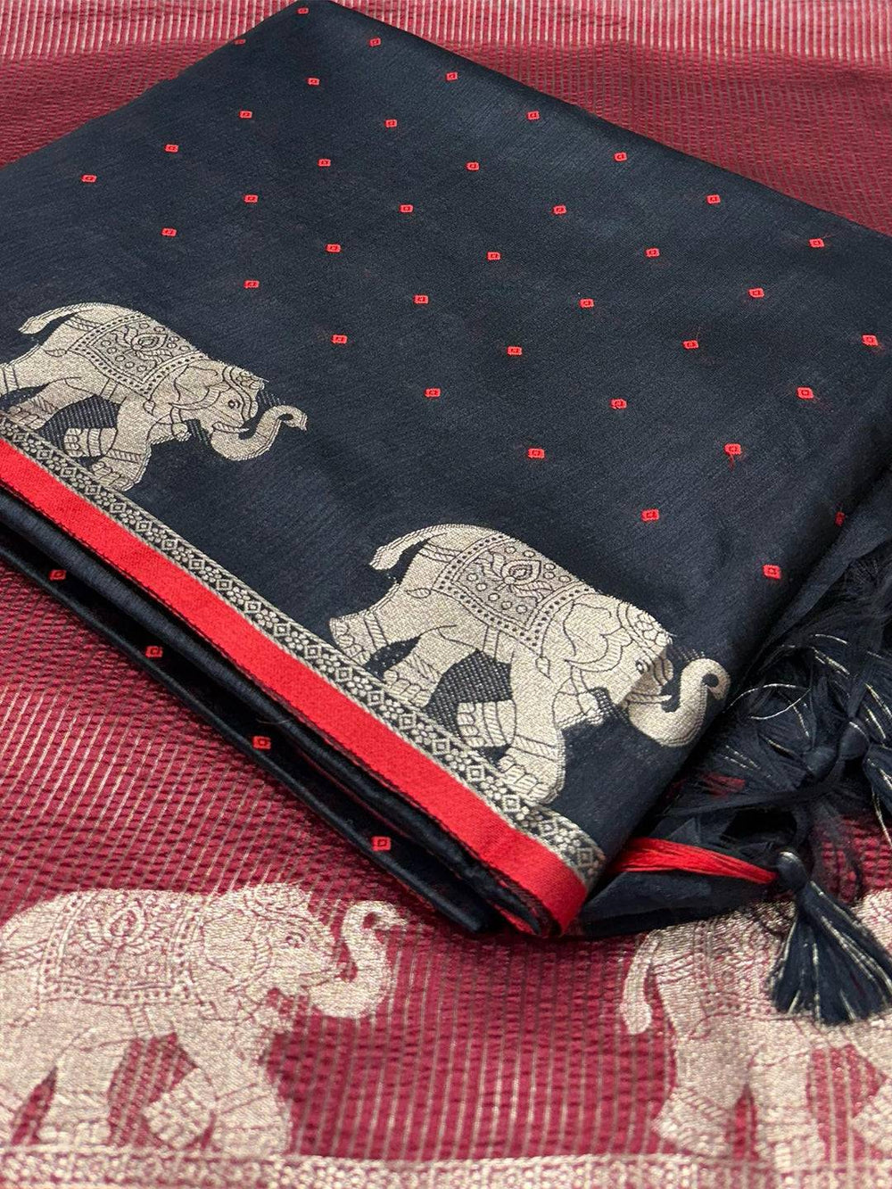 Black Pure Silk Bandhani Butti Saree