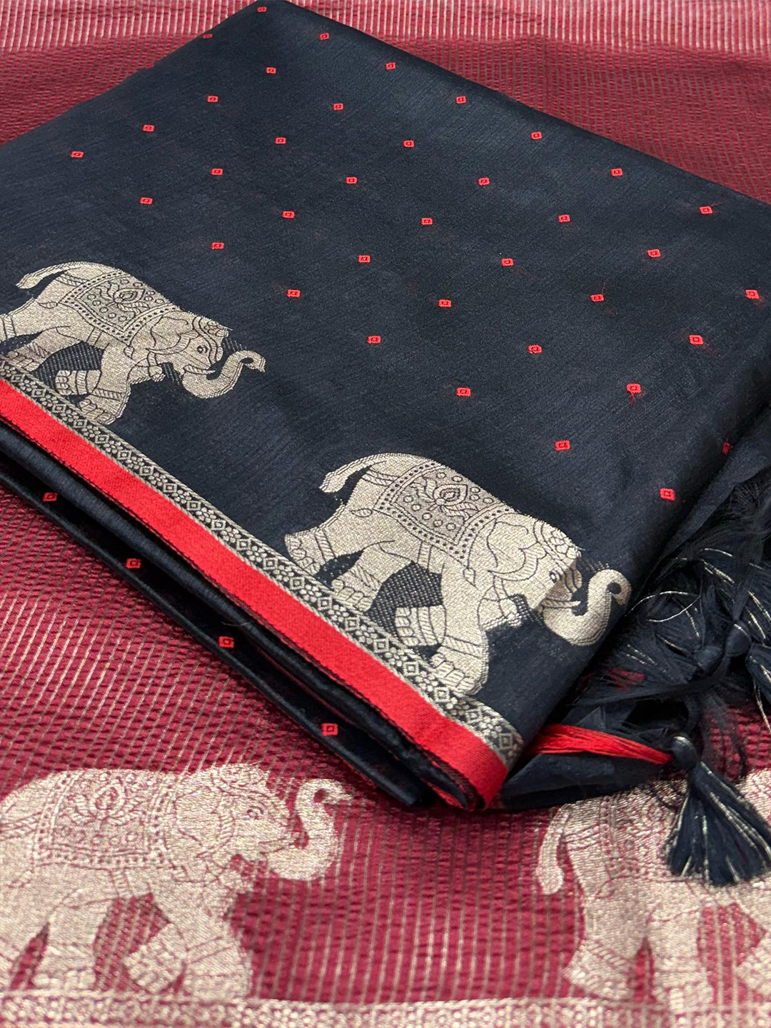 Black Pure Silk Bandhani Butti Saree