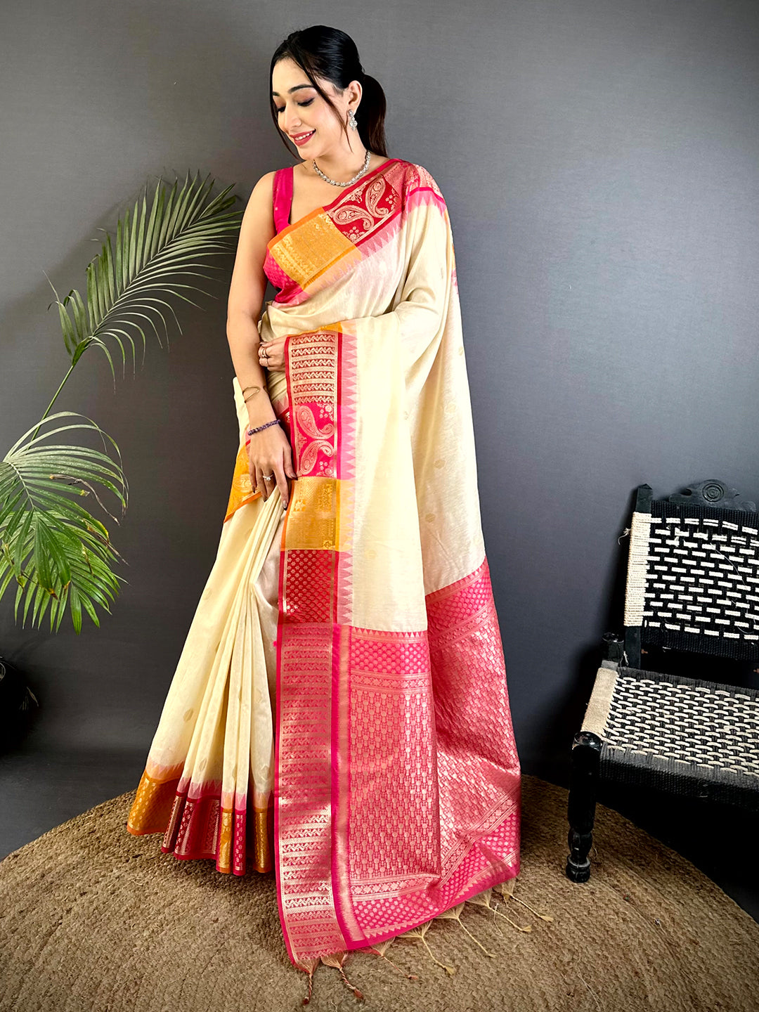 Off White Soft Mull Kanchi Pattu Saree