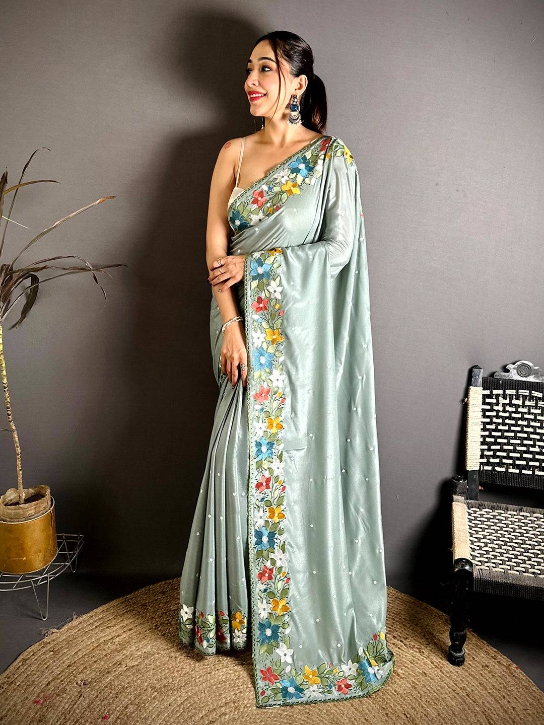 Tradition Floral Embroidered Border Saree