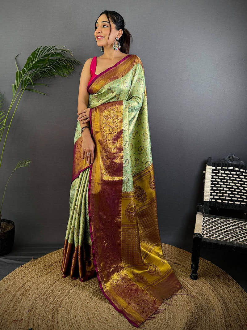 Light Green Dharmavaram Silk Saree With Maggam Blouse