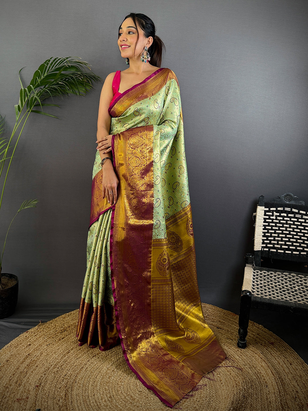 Light Green Dharmavaram Silk Saree With Maggam Blouse