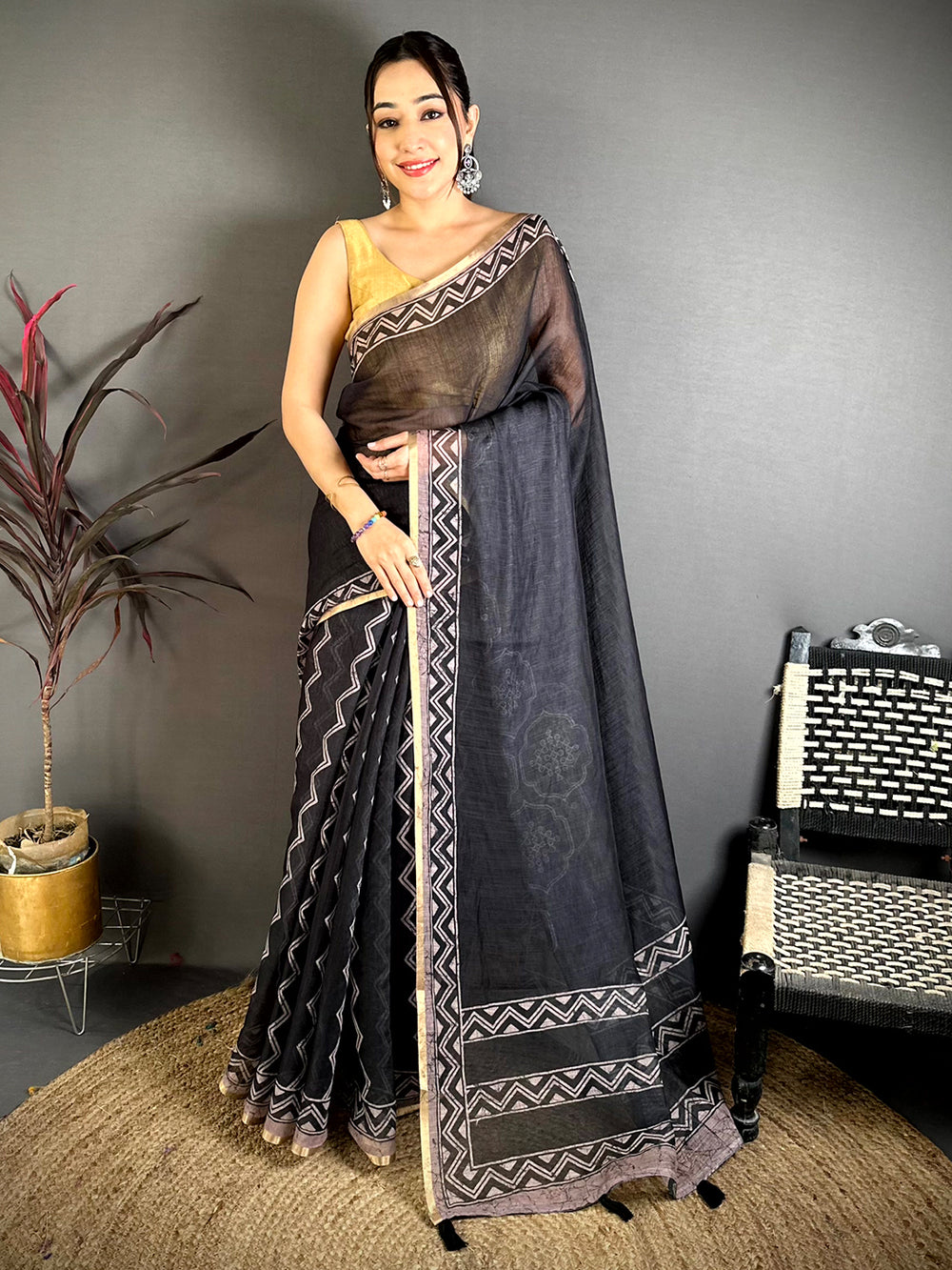 Regal Ajrakh Print Linen Saree


