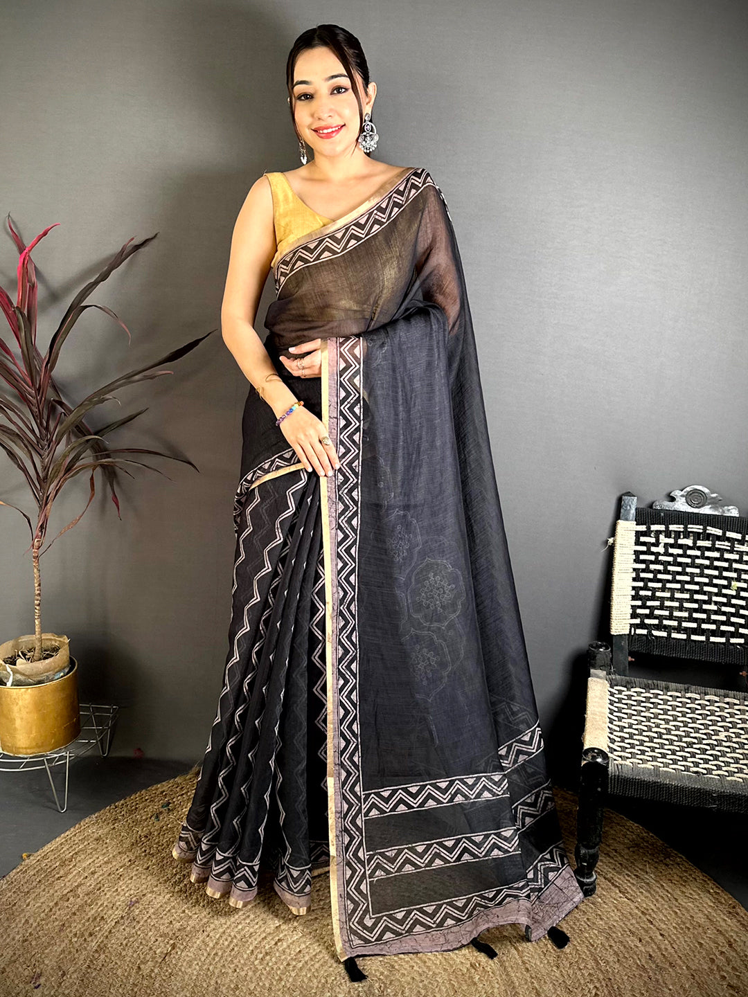 Regal Ajrakh Print Linen Saree


