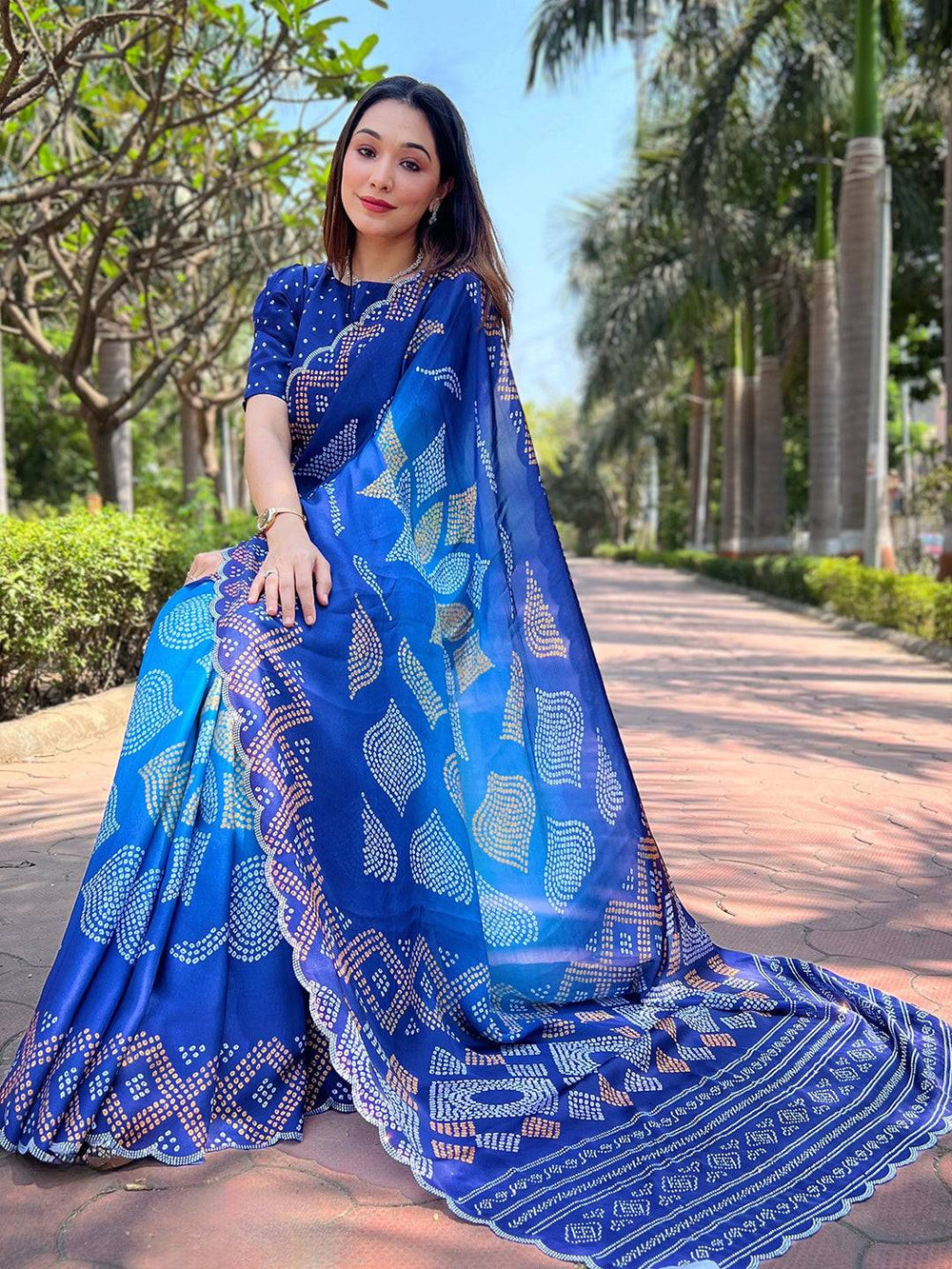 Georgette Silk Saree with Ombre Bandhej Print & Stone Work