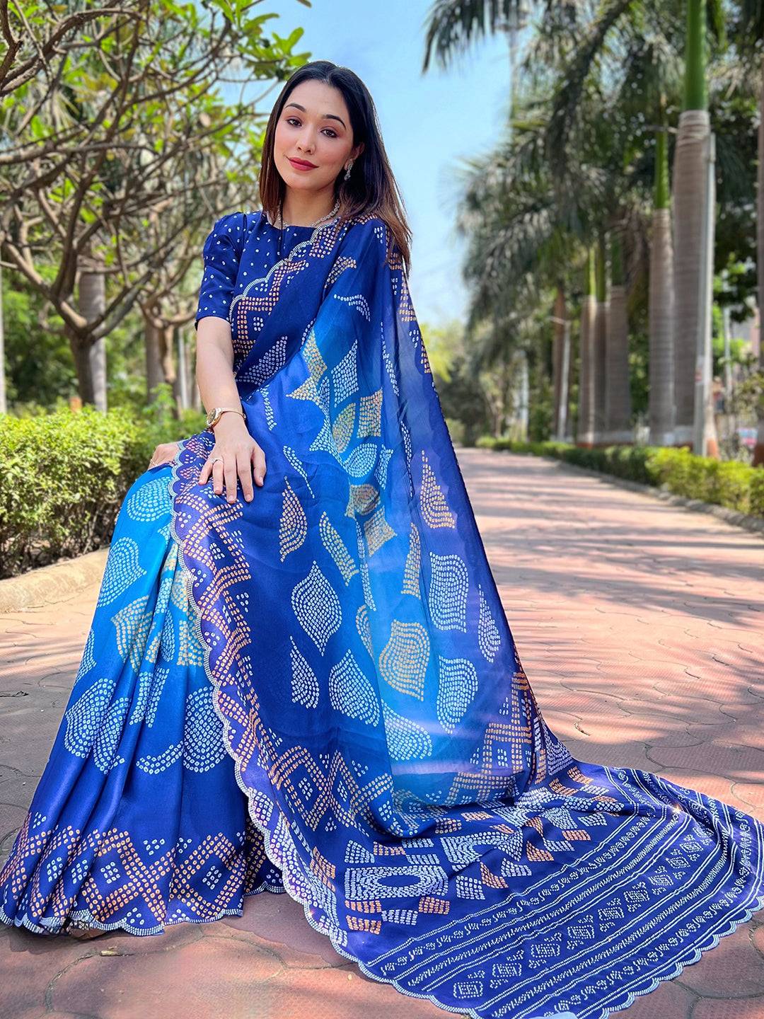 Georgette Silk Saree with Ombre Bandhej Print & Stone Work