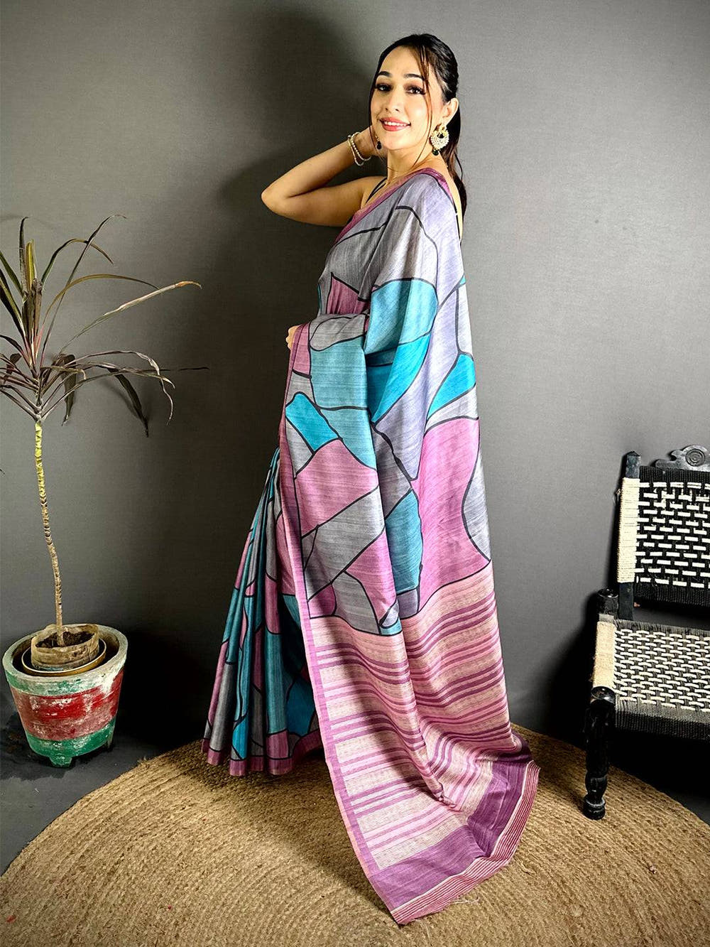 Tussar Multi Colour Ghicha Print Saree