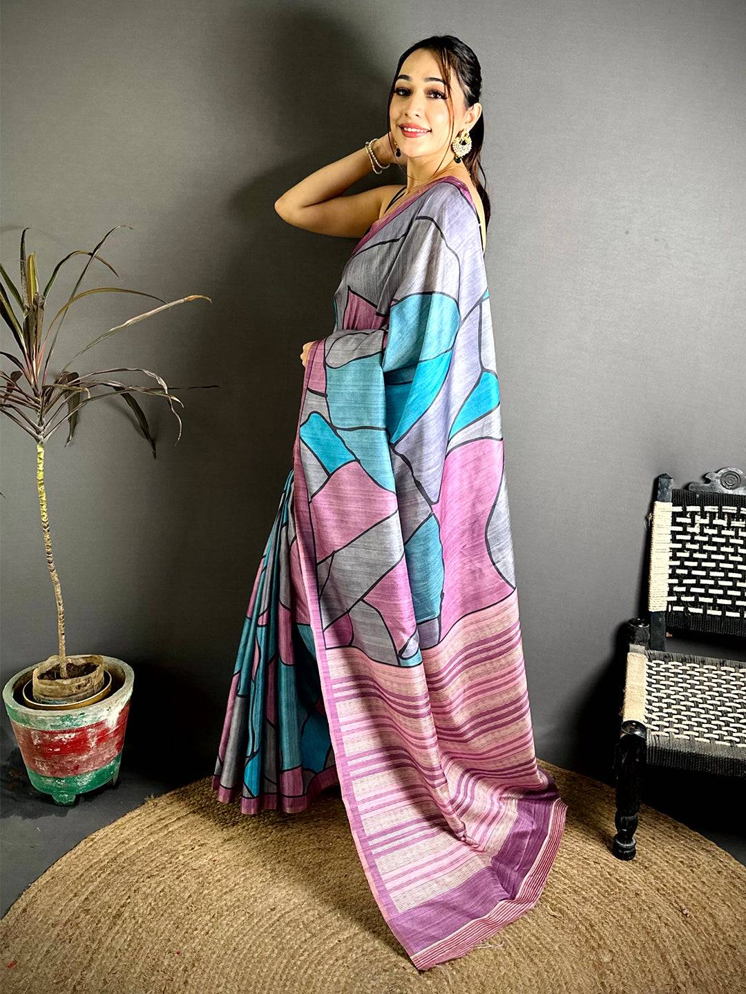 Tussar Multi Colour Ghicha Print Saree