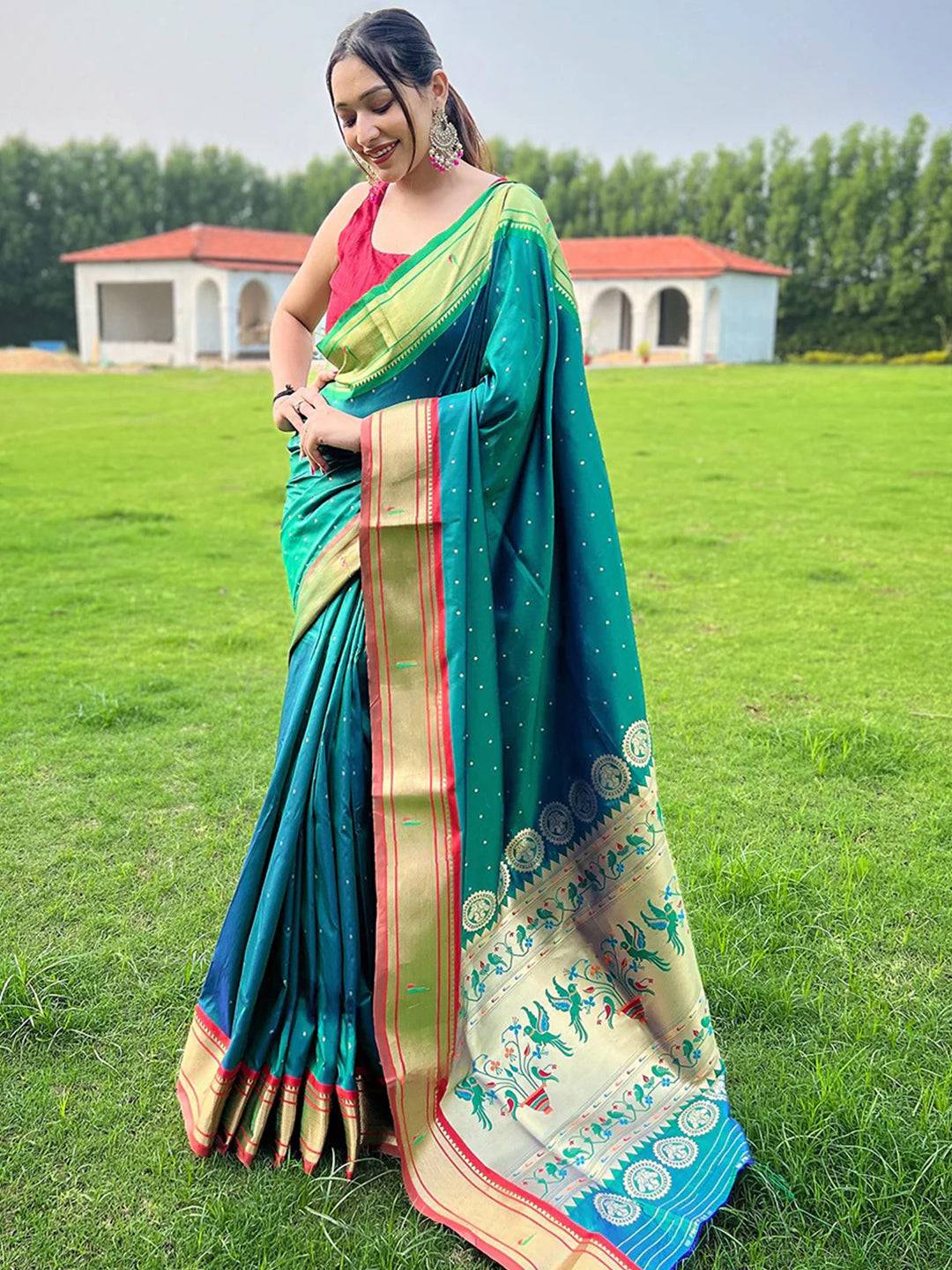 Paithani Teal Colour Saree With Ganga Jamuna Broder