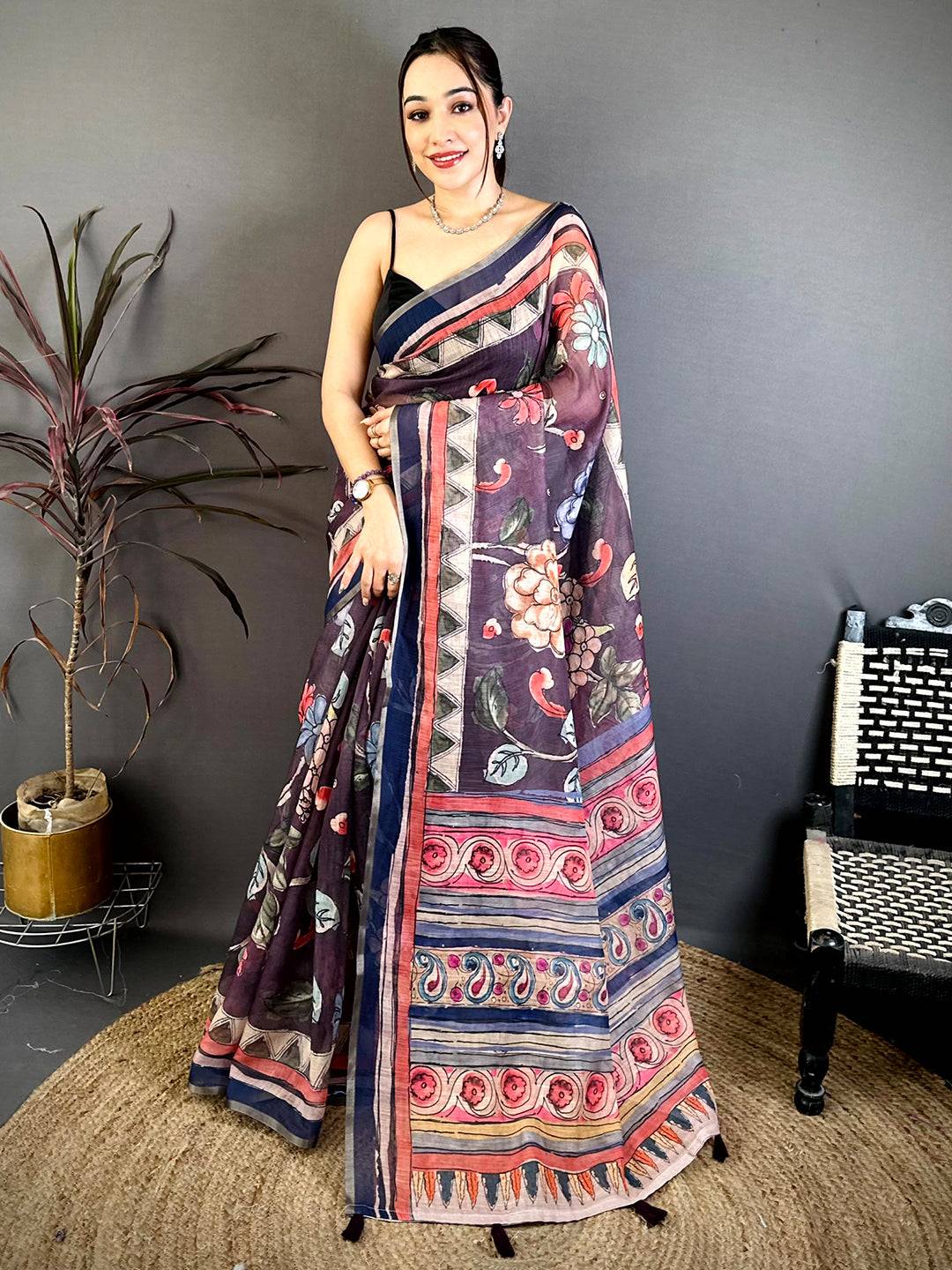 Purple Free Hand Floral Linen Saree