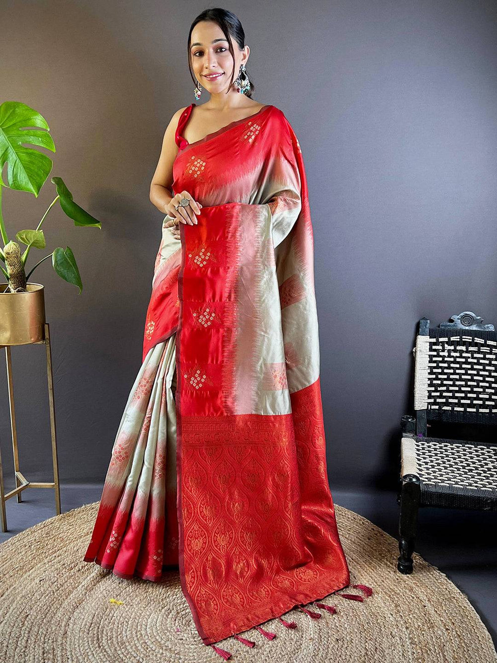 Elegant Red Sami Banarasi Tussar Silk Saree draped gracefully