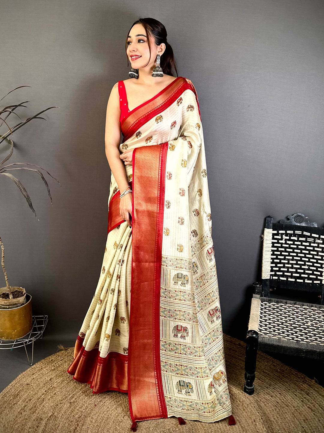 Radiant Ajrakh Block Kalamkari Dola Saree