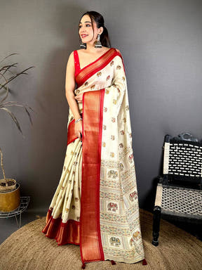 Radiant Ajrakh Block Kalamkari Dola Saree
