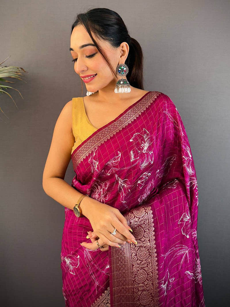 Magenta Floral Kalamkari Viscose Saree