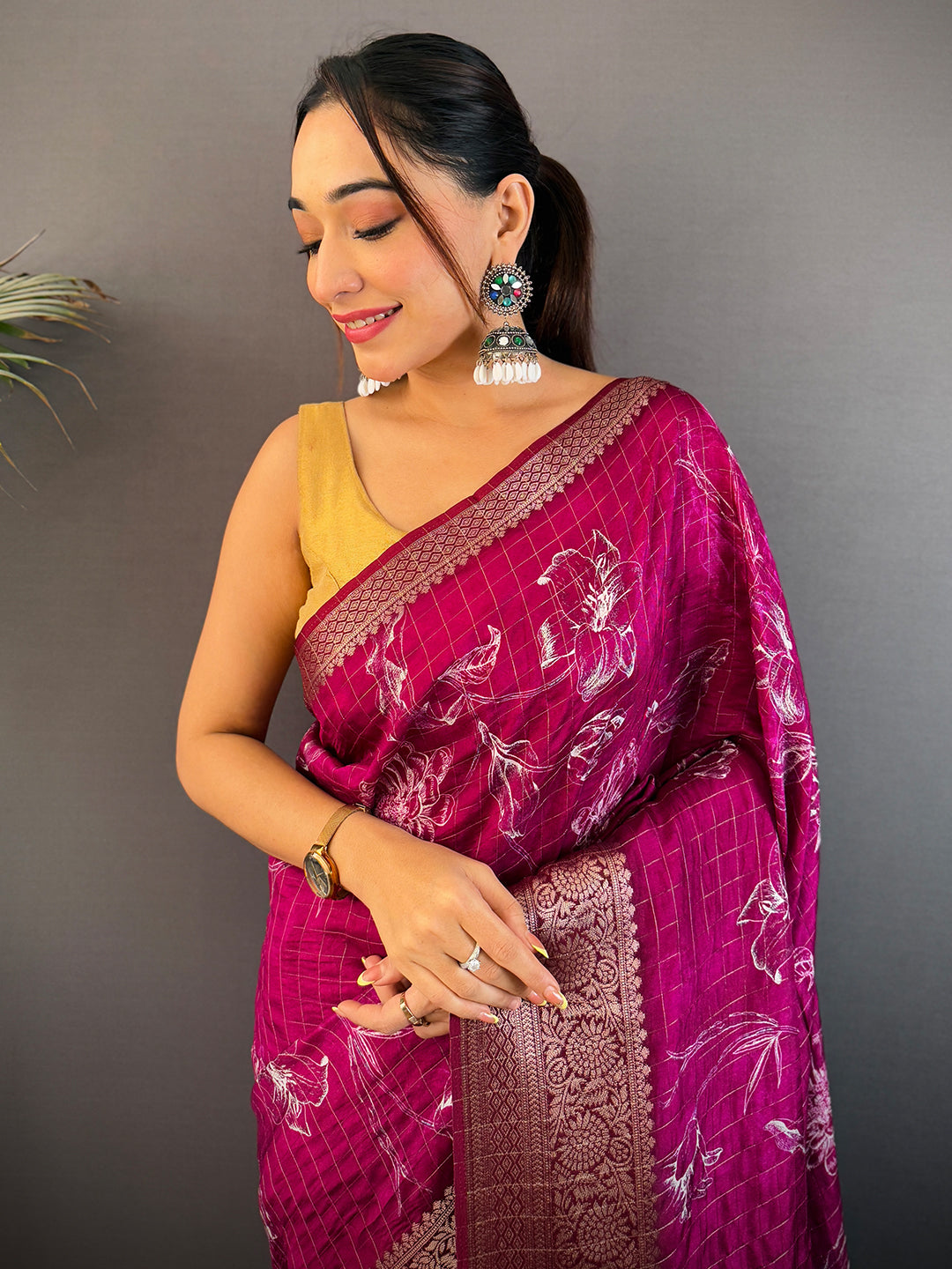 Magenta Floral Kalamkari Viscose Saree