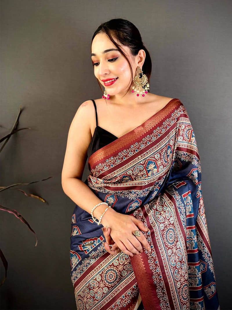 Vibrant Block Ajrakh Print Soft Tussar Saree