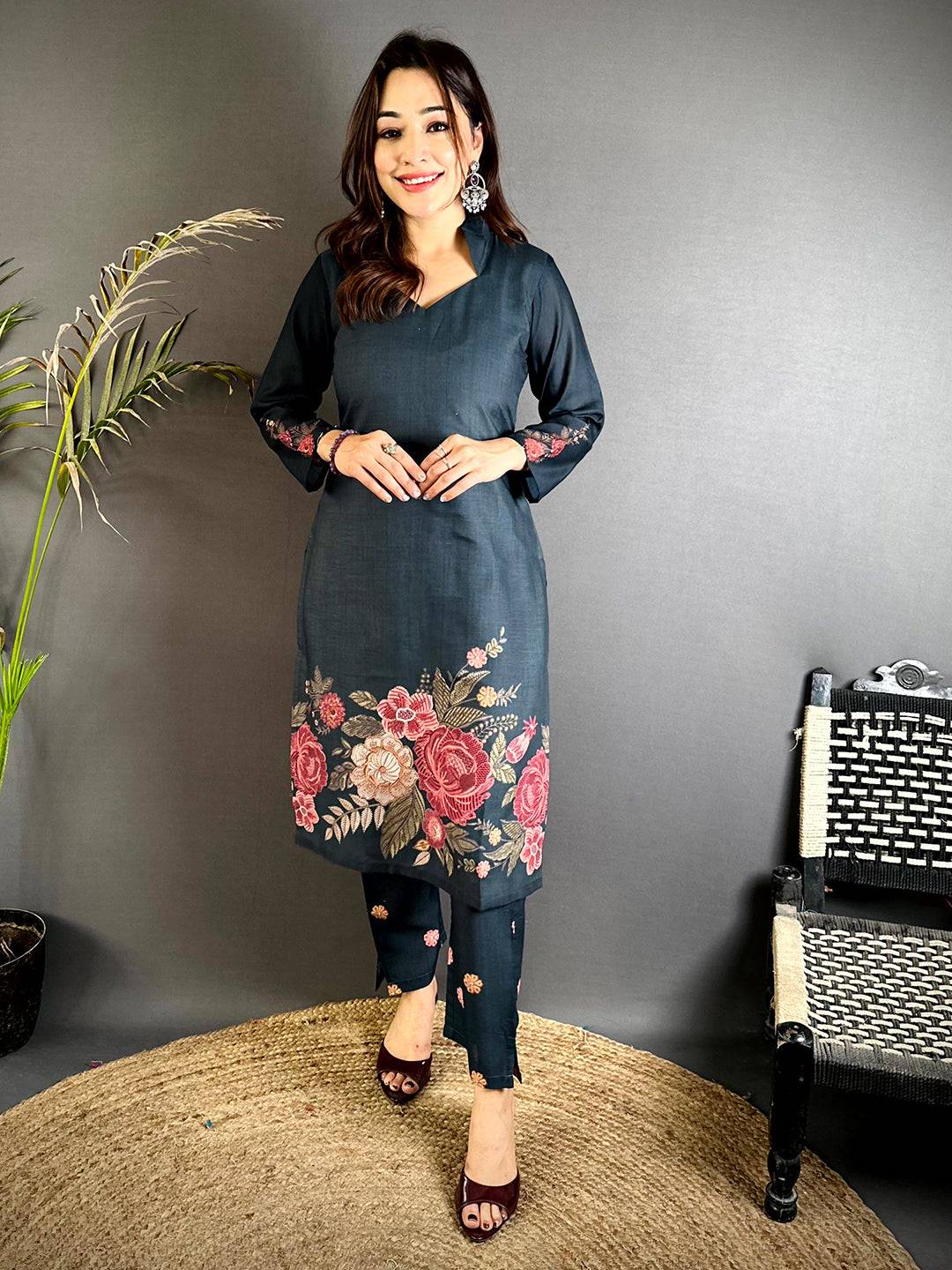 Diamond Neck Floral Mul Kurti
