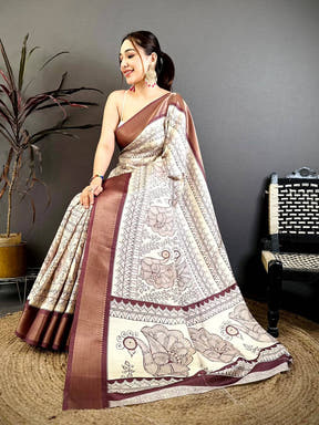 Elegant Fine Madhubani Print Silk Saree