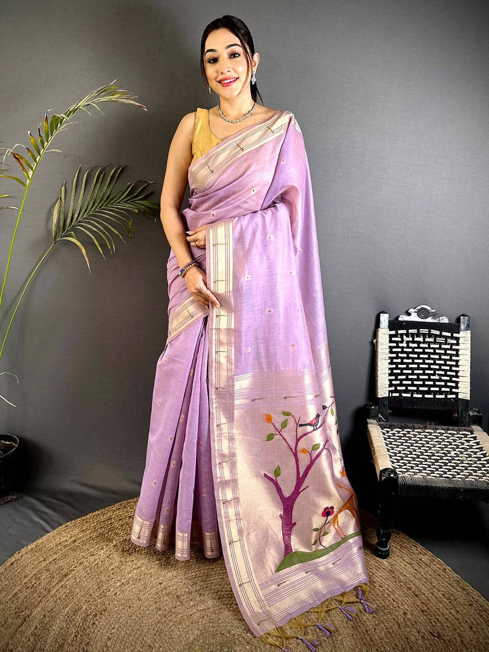 Lavender Minakari Paithani Khadi Linen Saree