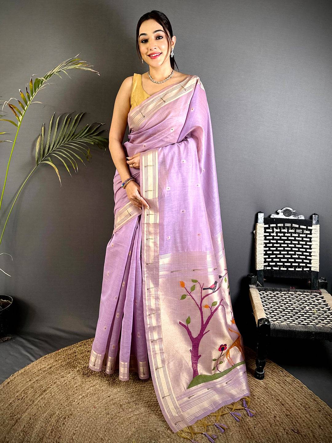 Lavender Minakari Paithani Khadi Linen Saree